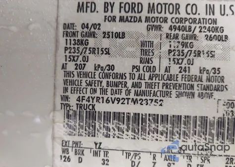 2002 Mazda B3000 Ds из США, поврежденный, VIN 4F4YR16V92TM23752